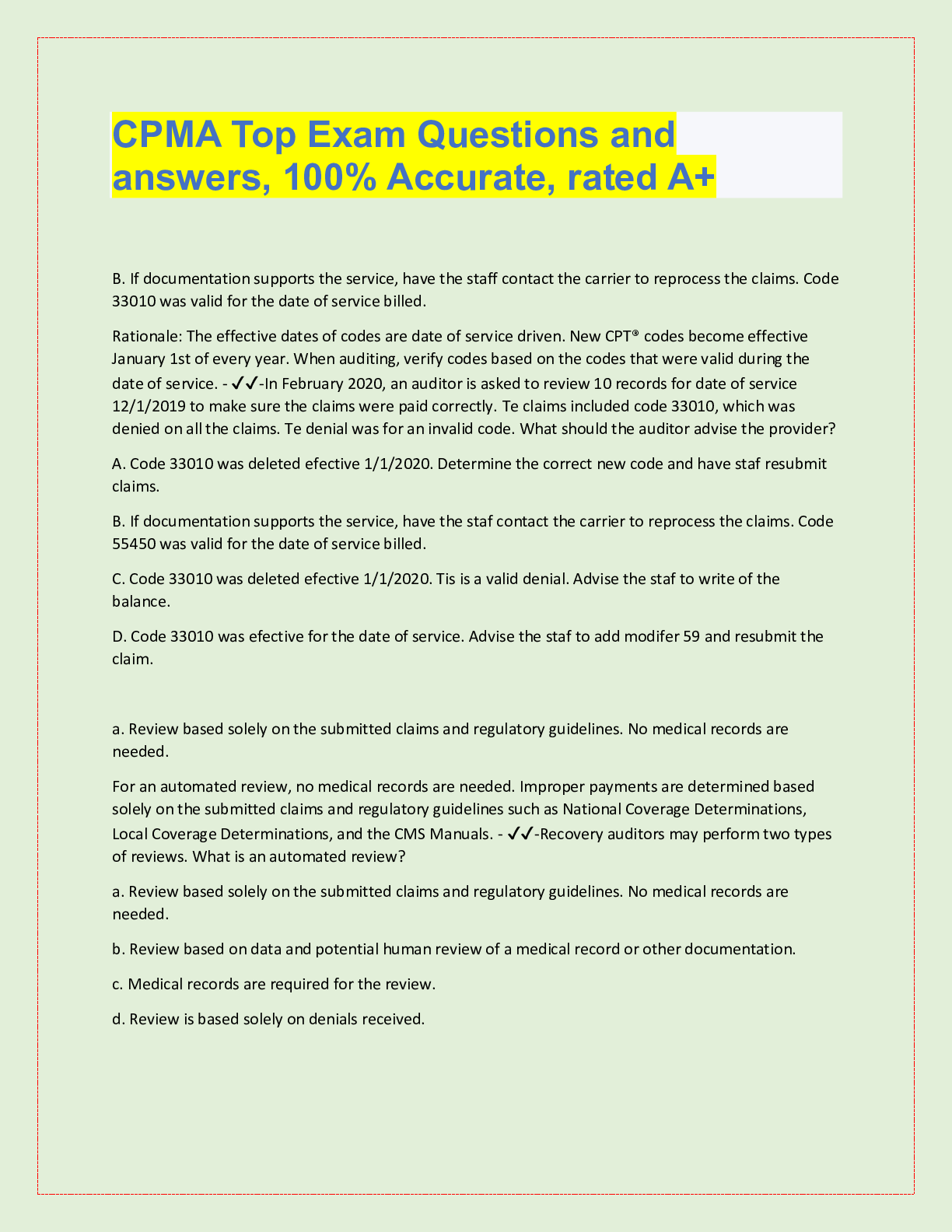 Preview image for CPMA Top Exam Questions and answers, 100% Accurate, rated A+
